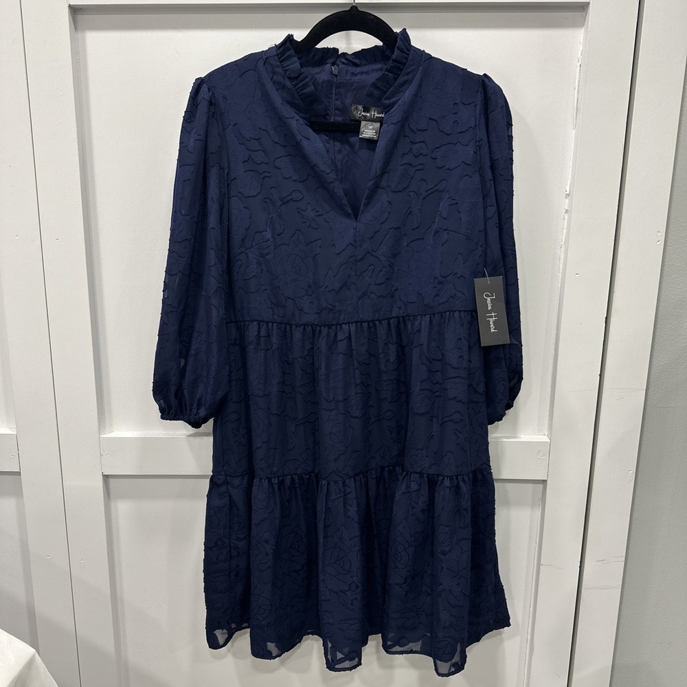 Jessica Howard Petite 10P Navy Blue Jacquard Tiered Fit & Flare Dress 3/4 sleeve